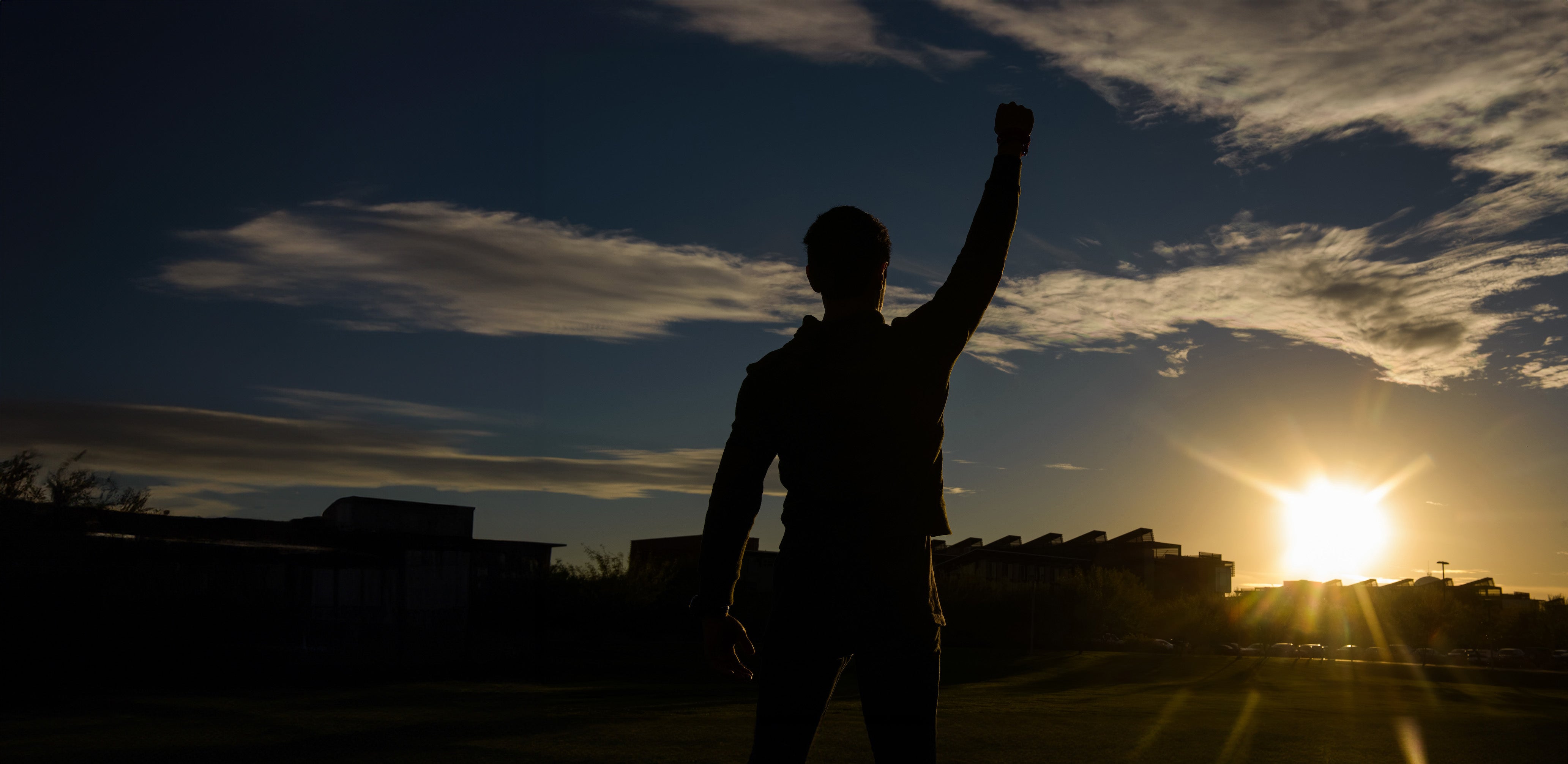Person with their back facing the camera, looking out at the horizon where the sun setting. The person also has their right fist raised.